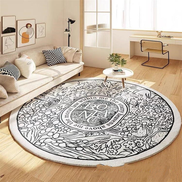  circular rug, round area rug side, bedside, plush floor mat.